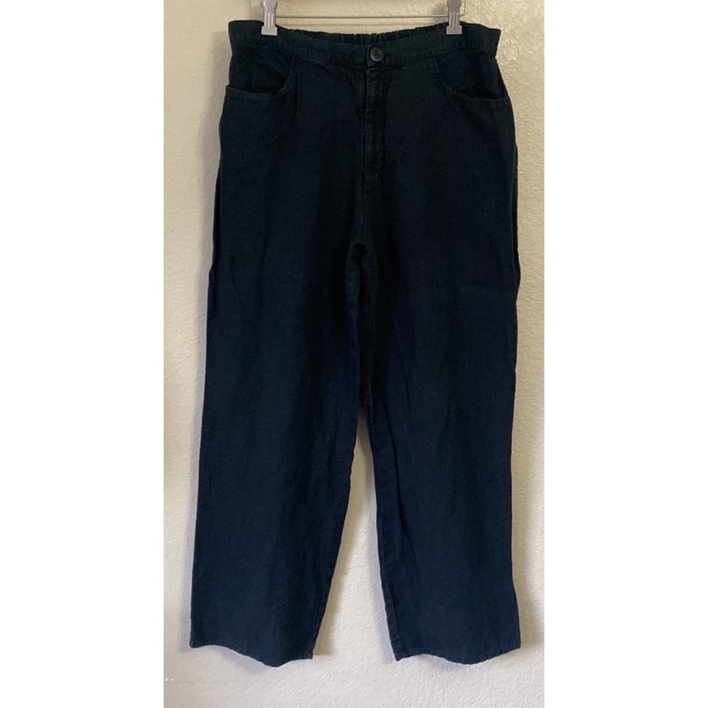 Flax Linen High Waist Elastic Waistband On Back Straight Leg Pants Black Size M